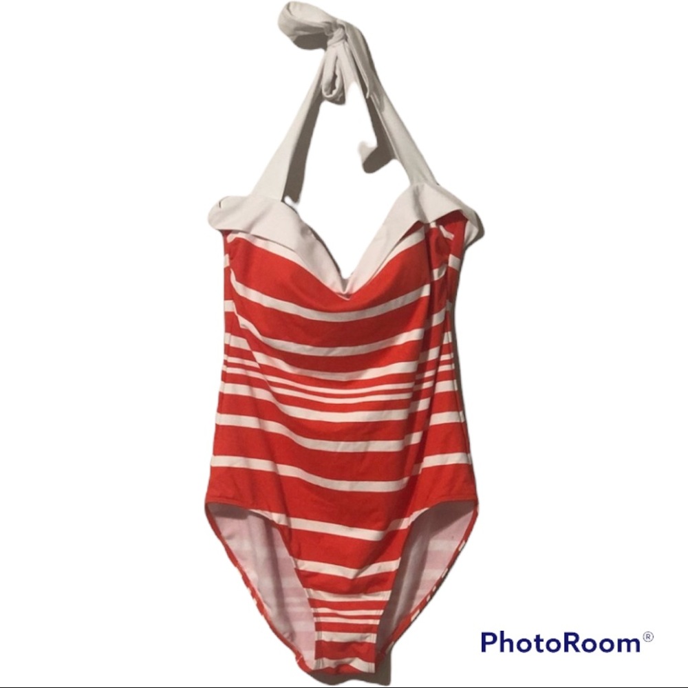 Lauren Ralph Lauren orange and white one piece swimsuit, size 12.